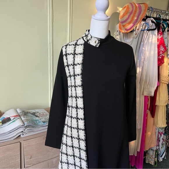 White Gold Tweed & Black Colorblock Mockneck Thick Modest Formal Pencil Dress S - Picture 5 of 16